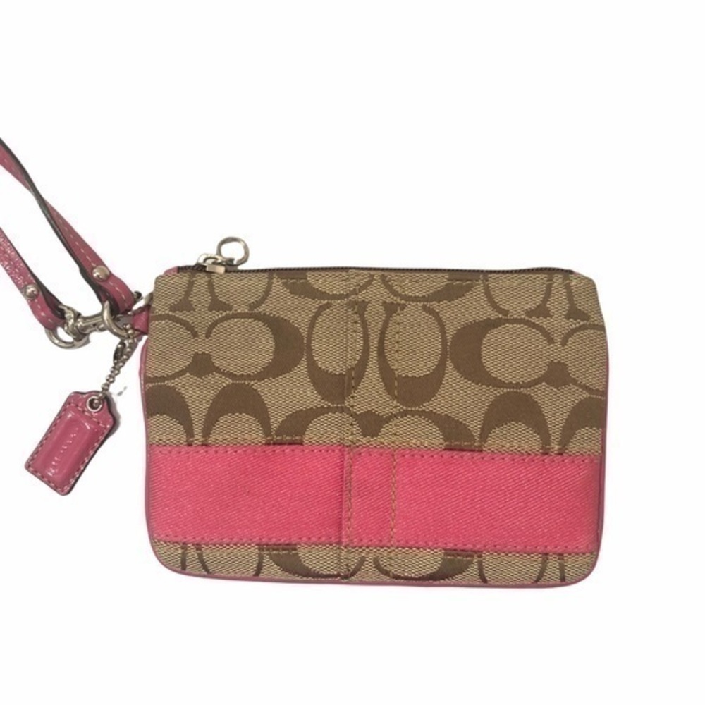 Coach brown pink striped wristlet bag
